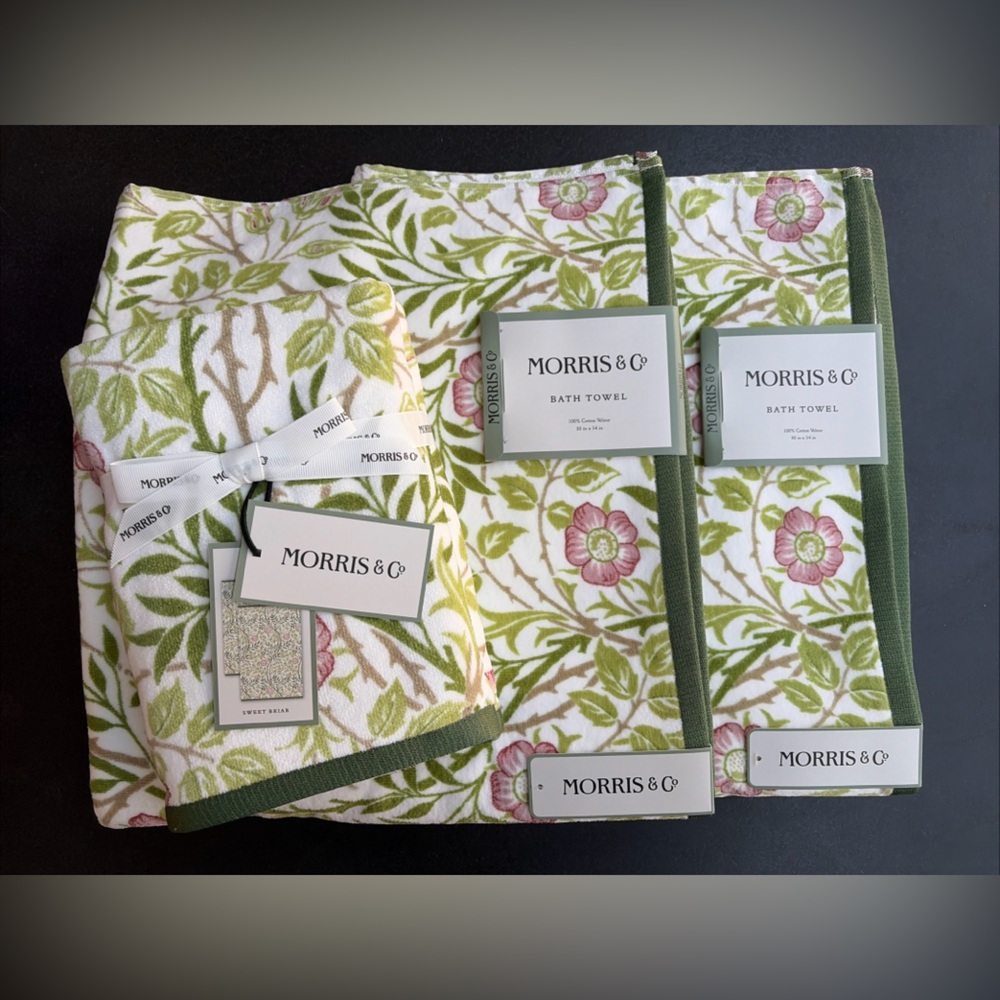 NWT Morris & Co. Sweet Briar 4 piece Bath & Hand Towel Set Pink Green Velour